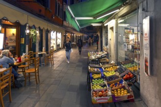 Fruit shop in the evening alleys, Venice, Veneto, Italy