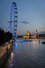 London Eye, Big Ben, Houses of Parliament, Palace of Westminster, evening mood, London, England,