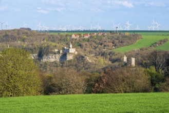 View of the ruins of Rudelsburg and Saaleck, Saaletal near Bad Kösen, Naumburg, Saxony-Anhalt,