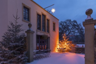Illuminated Christmas tree and Herrnhut star in the snow at the Aust winery in Radebeul, Saxony,