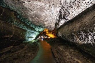 Underground cave formed by lava flow, illuminated lava cave, Cueva de los Verdes, Lanzarote, Canary