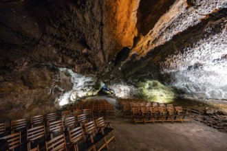 Underground cave formed by a lava flow, used as a concert hall, illuminated lava cave, Cueva de los