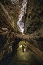 Underground cave formed by lava flow, illuminated lava cave, Cueva de los Verdes, Lanzarote, Canary