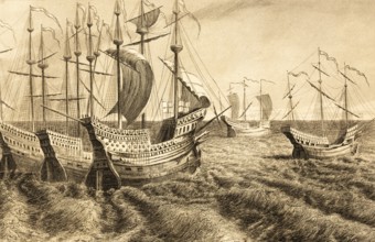 Ships from the time of the English King Henry VIII (1491 - 1547) Sea, 16th century, high waves,
