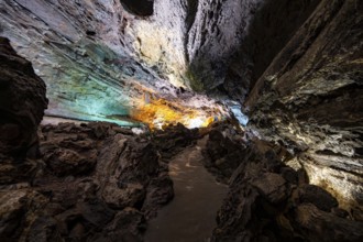 Underground cave formed by lava flow, illuminated lava cave, Cueva de los Verdes, Lanzarote, Canary