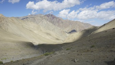 Wide mountain valley under a partly cloudy sky with a small path, trekking in Ladakh, Stok la,