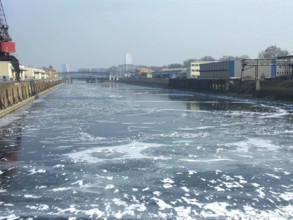 February 2012: Partially frozen harbor basins in Ludwigshafen am Rhein. An exceptional cold wave