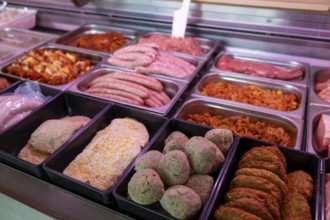 Meat counter in a butcher shop