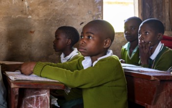 Schoolchildren in school uniform alert during class, sitting at school desks in the classroom,