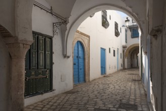 Traditional blue coloured doors in the cobbled narrow streets of the Kasbah or Medina of Tunis, a