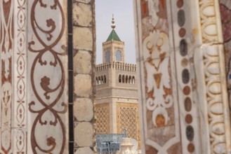 Tunis, Tunisia. 15th May 2024 Scenic view of the minaret of Al-Zaytuna Mosque in the Medina, the