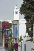 Mosque minaret in the narrow street of the beautiful cliff top village of Sido Bou Said, known for