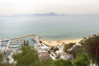 May 17th 2024. Sidi Bou Said, Tunisia. Scenic view of Sidi Bou Said beach and harbour from the