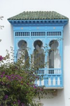 May 17th 2024. Sidi Bou Said, Tunisia. Window design detail of blue and white architecture part of
