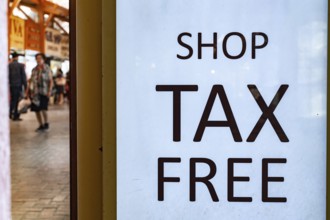 Dubai, United Arab Emirates. June 29th 2019 Tax Free Shopping Sign in the Gold Souk of Dubai Creek,