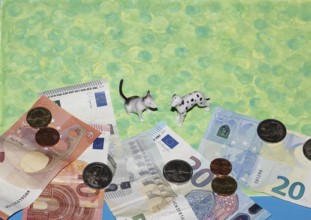 Bull terrier and Dalmatian miniature figure standing on green background with euro coins and notes,
