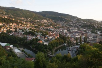 A beautiful evening panoramic view from the park on the mountain above Sarajevo City, of Bosnia and