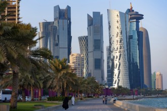 Doha, Qatar. September 20th 2019 Modern glass fronted skyscrapers and office towers line the