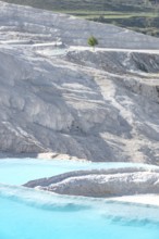 Pamukkale in western Turkey, the Cotton Castle, a natural mineral rich rock formation, aqua blue