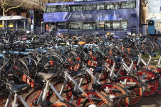 Oxford, England, UK. February 6th 2020 Bicycles parked outside the Park and Ride bus stop at Oxford