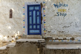 Aswan, Egypt. 8th January 2013 A bright blue painted door to local Nubian Shop, Elephantine Island