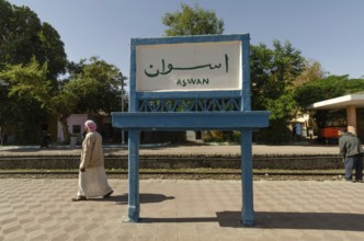 Aswan, Egypt. 7th January 2013 Platform sign at Aswan railway station, Upper Egypt