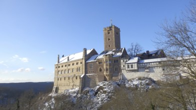 Wartburg in Eisenach under clear blue sky, hiking on the Rennsteig, Thuringian Forest nature park