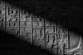 Luxor, Egypt. 11th February 2009 Graphic black and white image of Pharaonic hieroglyphs