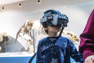 Young boy wearing a virtual reality headset, exploring an immersive experience at a museum with a