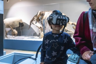 Young boy wearing a modern vr headset. Experiencing an immersive educational simulation at a museum
