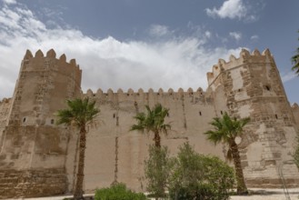 Tower and details of the ancient city walls of the medieval Medina of Sfax on the Mediterranean