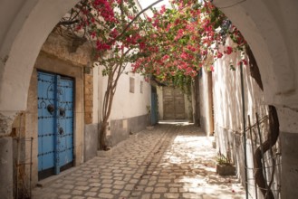 Beautiful quiet streets with traditional architecture and blue wooden doors of houses in the UNESCO