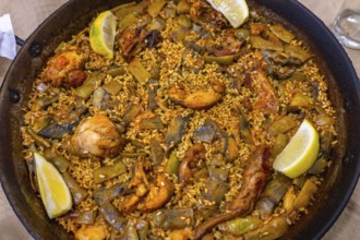 Traditional valencian paella cooking in a large pan with rice, chicken, rabbit, lima and green