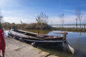 Traditional barca de l'albufera moored at a concrete pier in historic el palmar, reflecting