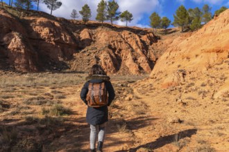 Woman backpacker exploring desert landscape with unique red clay formations and pine trees under a