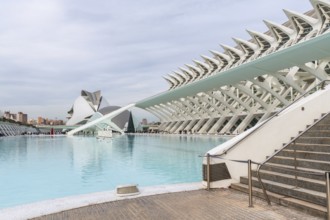 Contemporary architecture of the city of arts and sciences in valencia, spain, reflecting in the