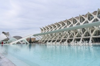 The museu de les ciencies principle building stands prominently against a cloudy sky, reflecting in