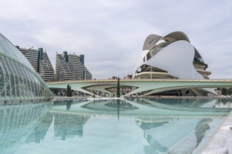 Palau de les arts reina sofia and sleek futuristic office towers mirrored in tranquil turquoise