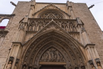 Intricate gothic doorway of valencia cathedral showcasing ornate stone carvings, statues and