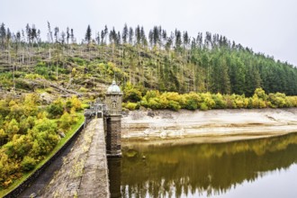 Autumn colors over Pen y Garreg Dam and Reservoir, Elan Valley, Rhayader, Powys, Wales, UK