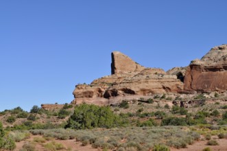 Large, towering rock in a sparsely vegetated desert landscape, Canyonlands National Park, Island in