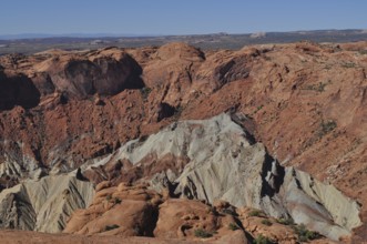 View of impressive red rock formations in a deep canyon, Canyonlands National Park, Island in the