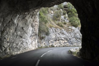 View from moving car on exit through tunnel from the Route de Gentelly mountain road, Greolieres,