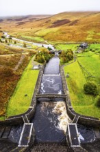 Autumn colors over Claerwen Dam, Claerwen Valley, Elan Valley Reservoir, Rhayader, Powys, Wales, UK