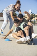 A Down syndrome teenager enjoys a playful skateboard ride with family support in an outdoor setting