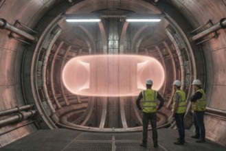 Visualisation of plasma inside a fusion reactor (tokamak) with male employees in the foreground, AI