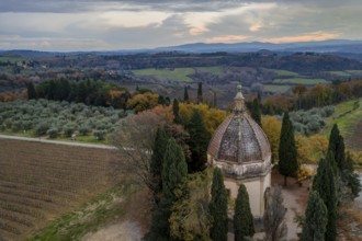 Aerial view of the Chapel of San Michele Arcangelo in Semifonte, Tuscany, surrounded by rolling