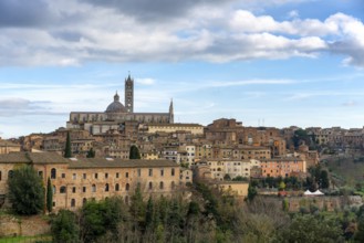 A scenic view of Siena, Italy, featuring its historic architecture, the iconic Siena Cathedral, and