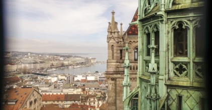 An atmospheric perspective from Geneva Cathedral's spire, showcasing a panoramic view of the city