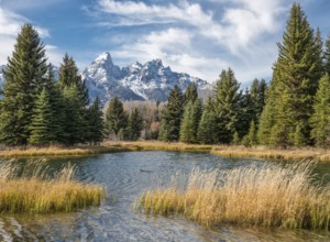 The stunning peaks of Grand Teton National Park tower over a tranquil pond surrounded by dense
